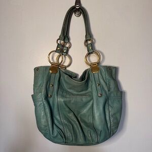 B. Makowsky Mint Green Leather Handbag Shoulder Bag Purse Gold Hardware